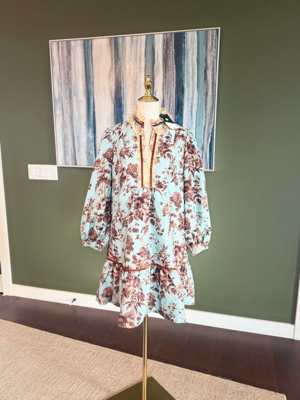 Tuckernuck Light Blue Floral Prairie Dress Lace Trim Collar
